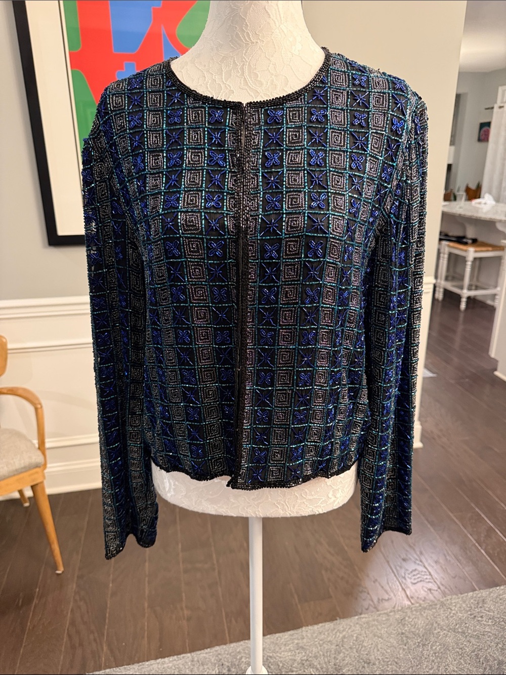 VTG Laurence Kazar Black Silk Beaded Geometric Sequin Evening Jacket - Large